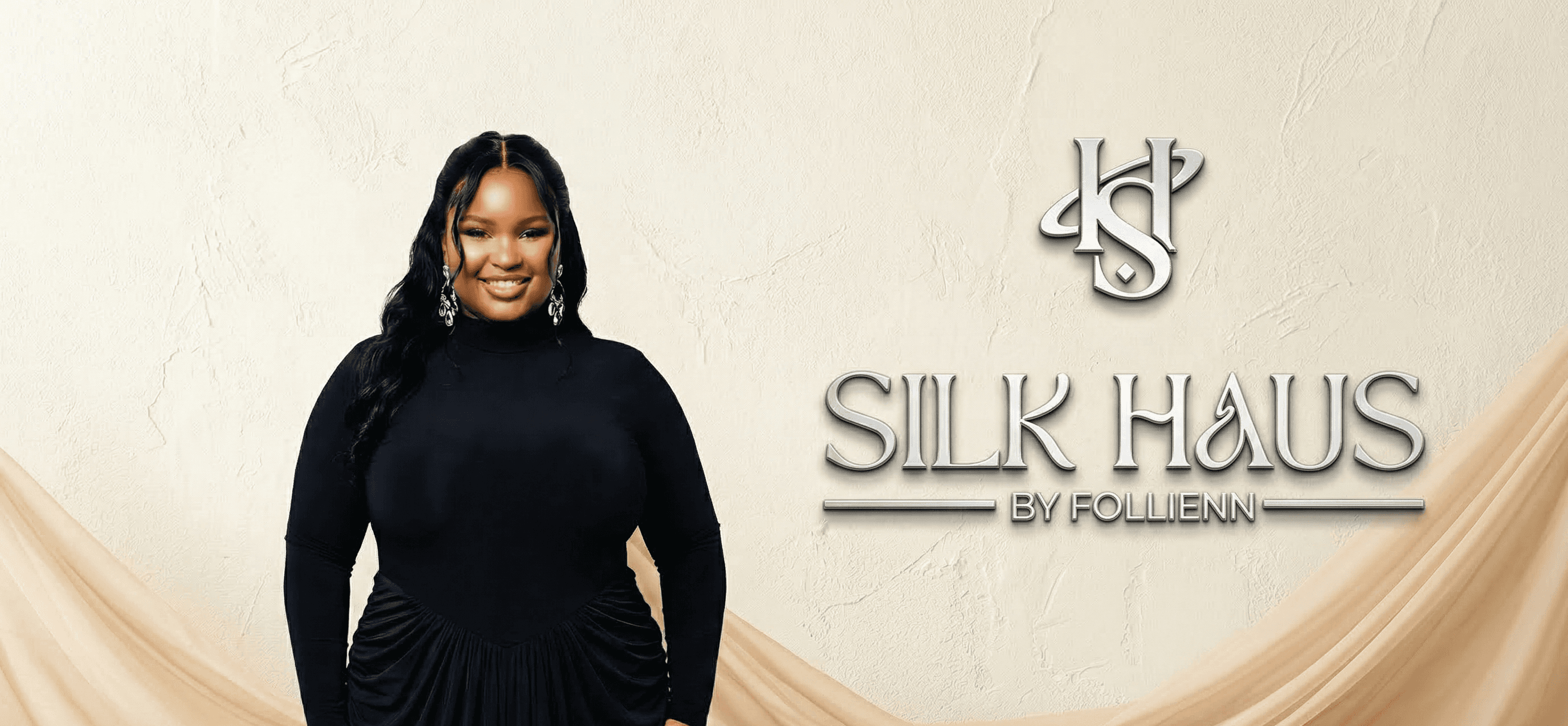 A Silk Haus client wearing a long, softly waved black style
